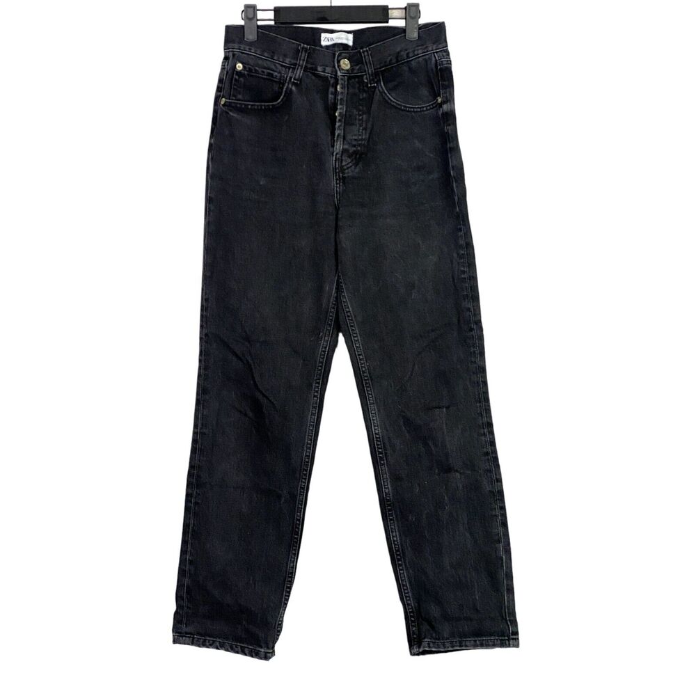ZARA Straight Leg High Rise Relaxed Fit Casual Button Fly Jeans 4 Black #4174